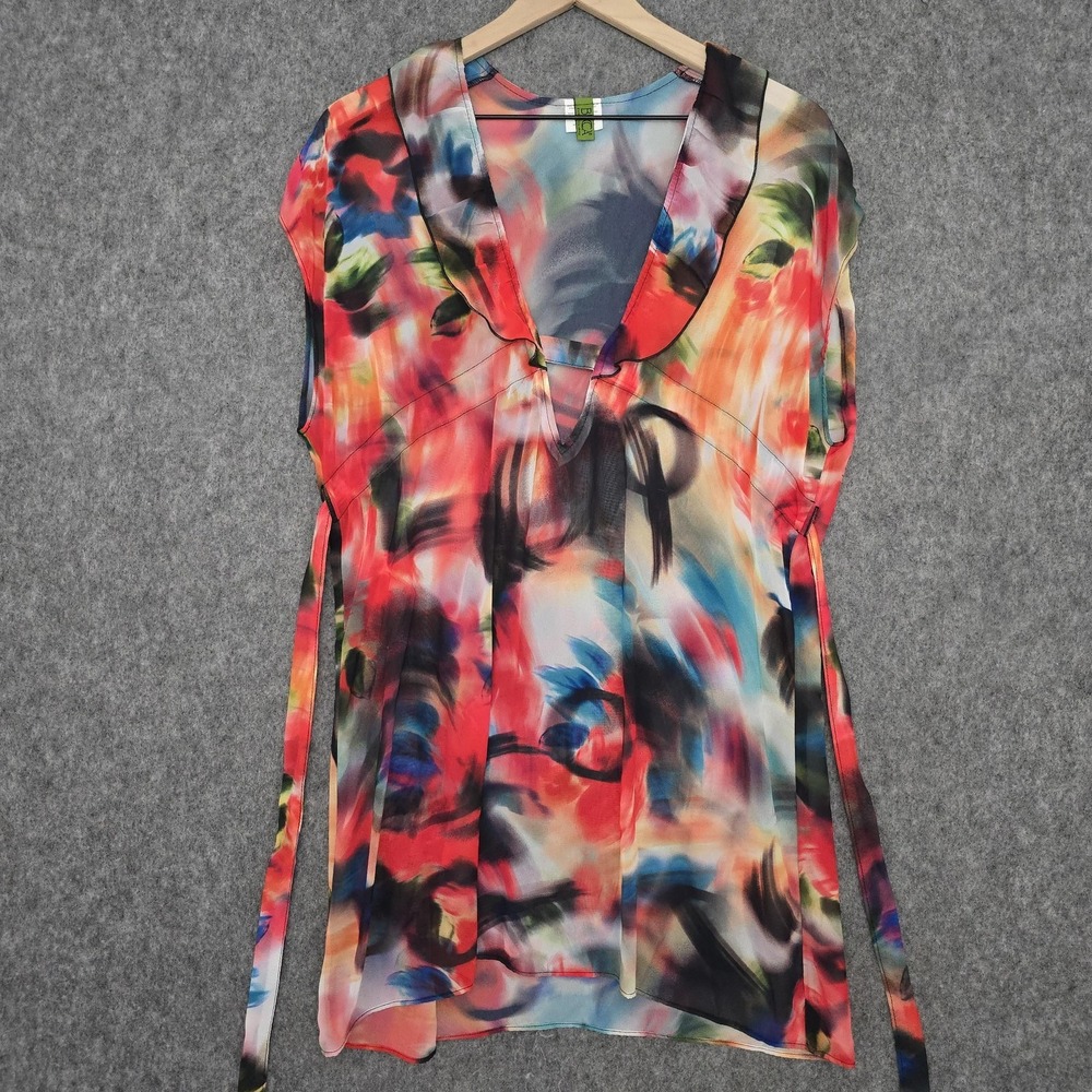 BECCA By Rebecca Virtue Cover Up Womens M-L Floral Sheer‎ Belted Resortwear Top